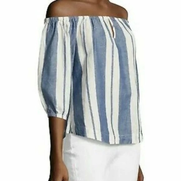 YOUNG FABULOUS AND BROKE
Blue White Stripe Off Shoulder Peasant Top SZ M - Picture 2 of 4
